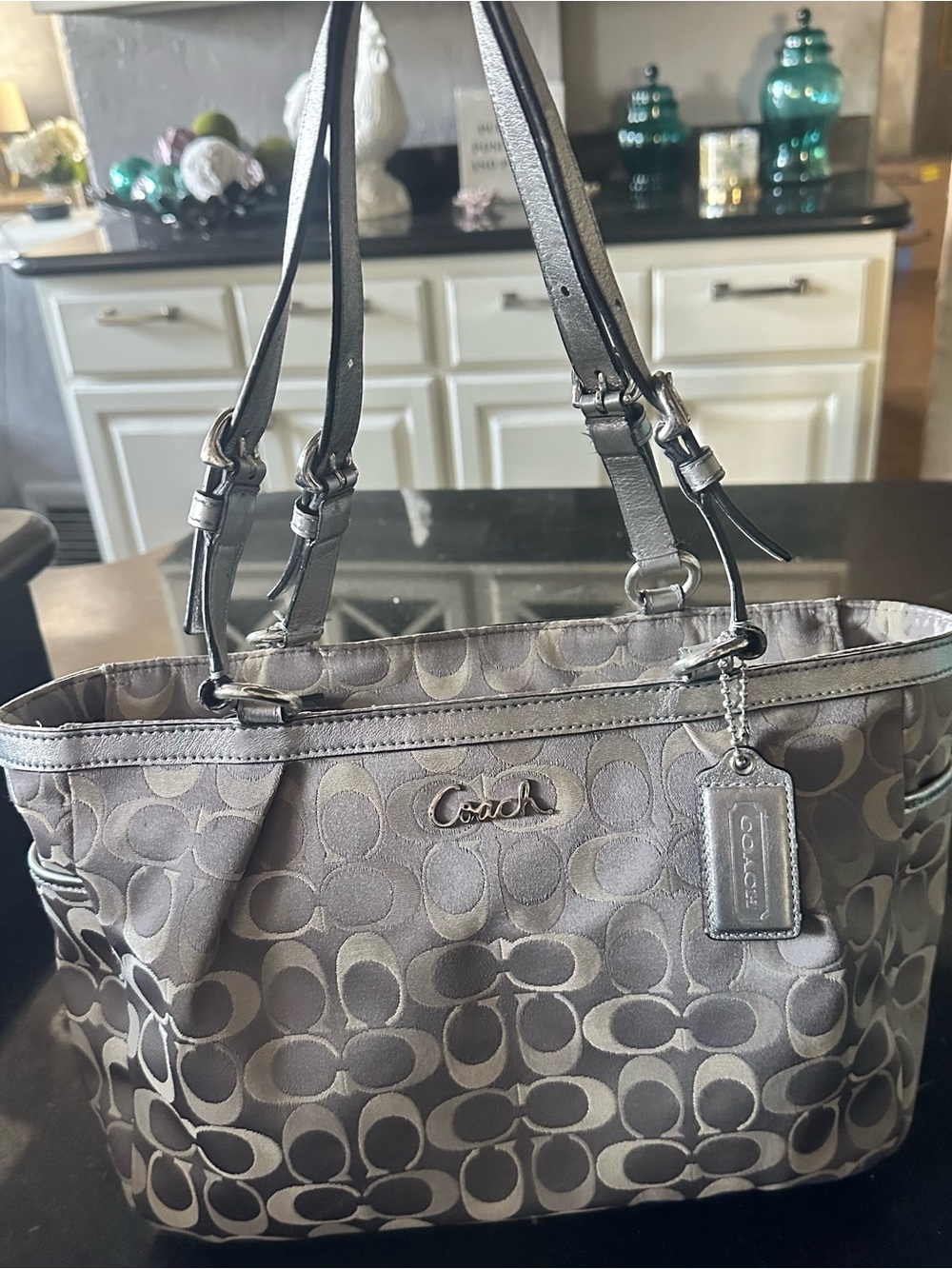 ✨AUTHENTIC✨ Coach Signature Monogram Satin Signature Shoulder Bag Gray/Silver - Picture 10 of 11